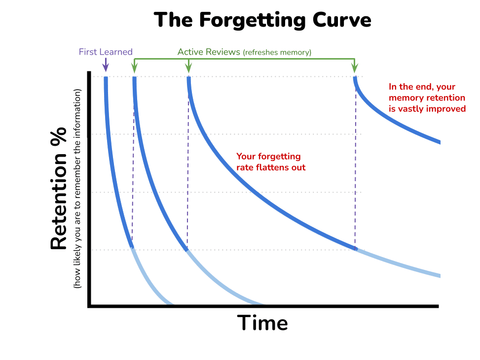 Graph depicting how memory decays over time, and how spaced repetition can be used to combat that